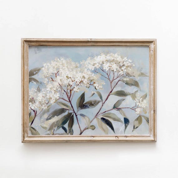 Vintage White Flowering Branches Printable Muted Blue Gray Wall Art Cottagecore Botanical Decor Digital Download 588
