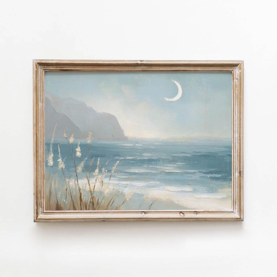 Crescent Moon Beach Scene Printable Moody Coastal Wall Art Muted Blue Sandy Decor Vintage Bedroom Neutral Download 446