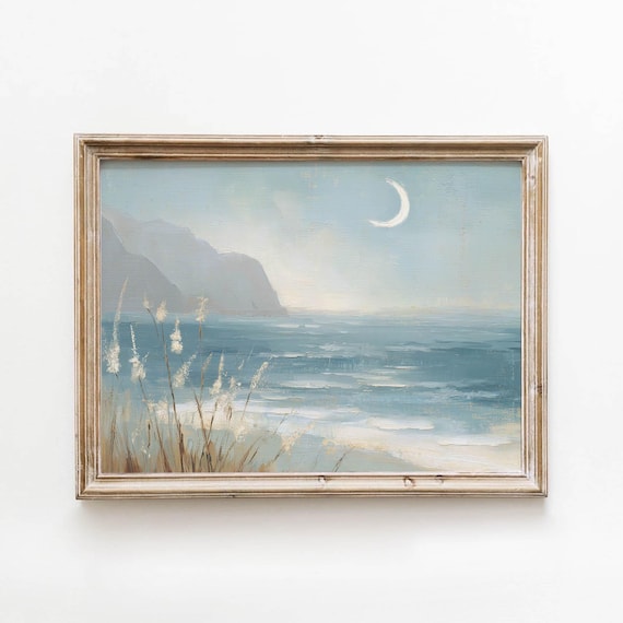 Crescent Moon Beach Scene Printable Moody Coastal Wall Art Muted Blue Sandy Decor Vintage Bedroom Neutral Download 446