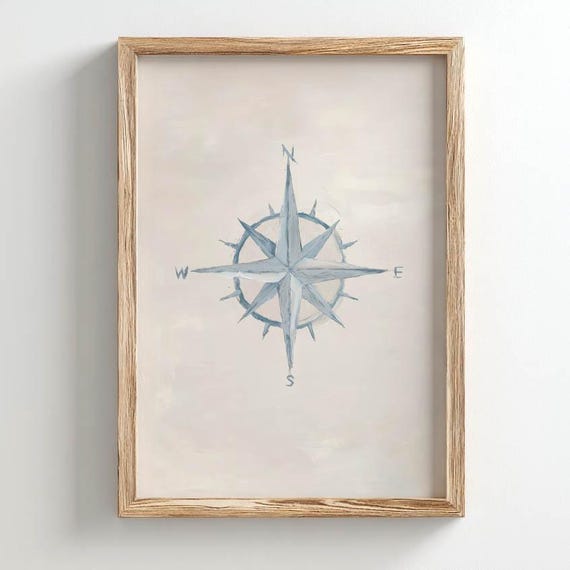 Printed Compass Rose Navy Nautical Poster Art Beachy Bluegray Tones Vintageinspired Coastal Style Ideal For Rooms P242