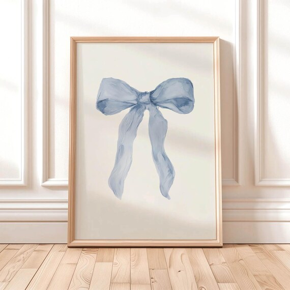 Vintage Pastel Blue Ribbon Bow Art Print, Cottagecore