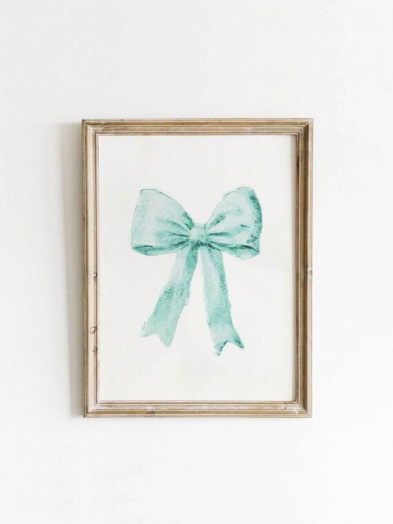 Teal Bow Watercolor Coquette Preppy Minimalist Nursery Art Poster