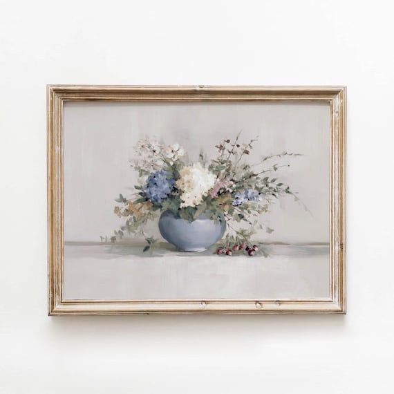 Soft Blue Vase White Peonies Hydrangeas Floral Still Life Poster