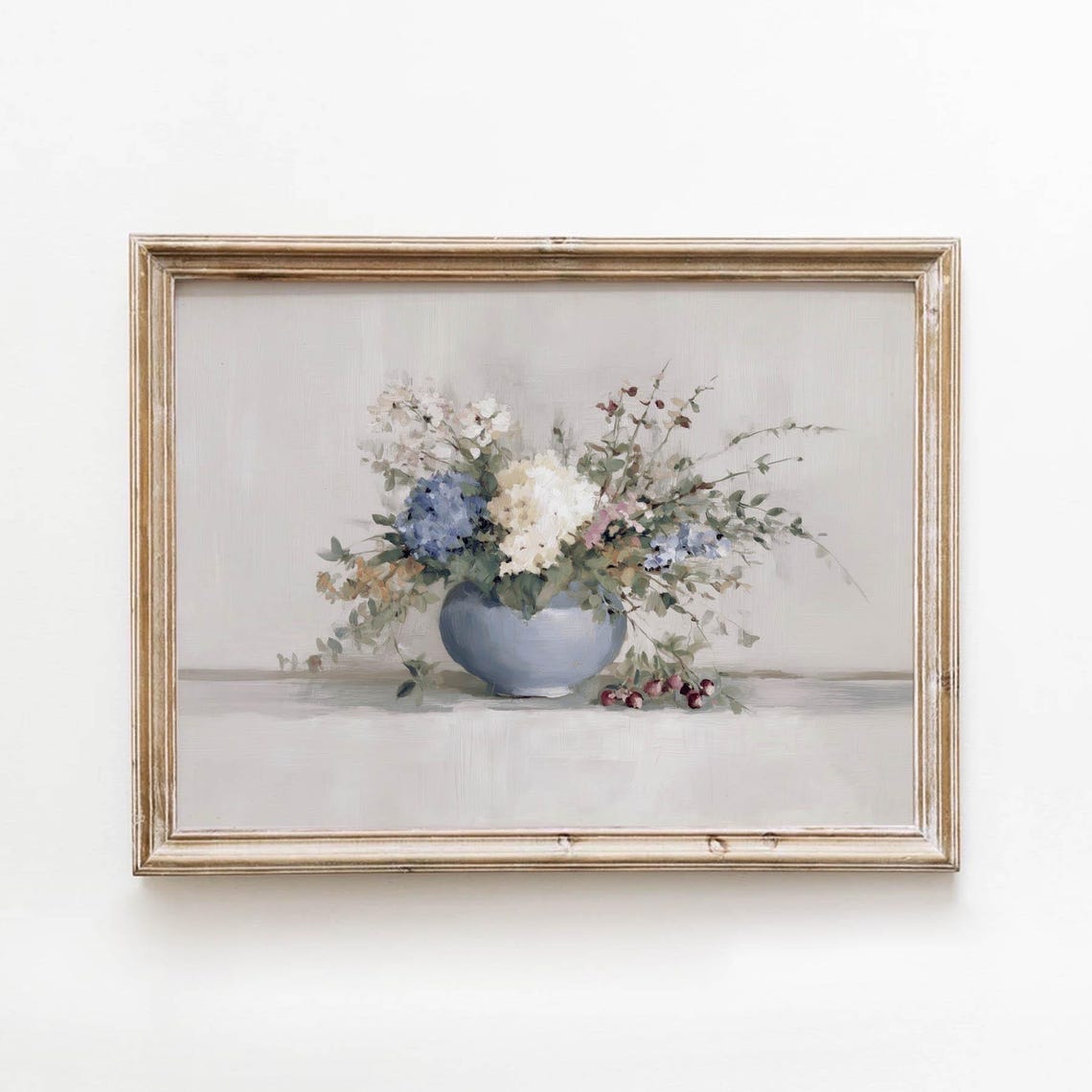 Soft Blue Vase White Peonies Hydrangeas Floral Still Life Poster