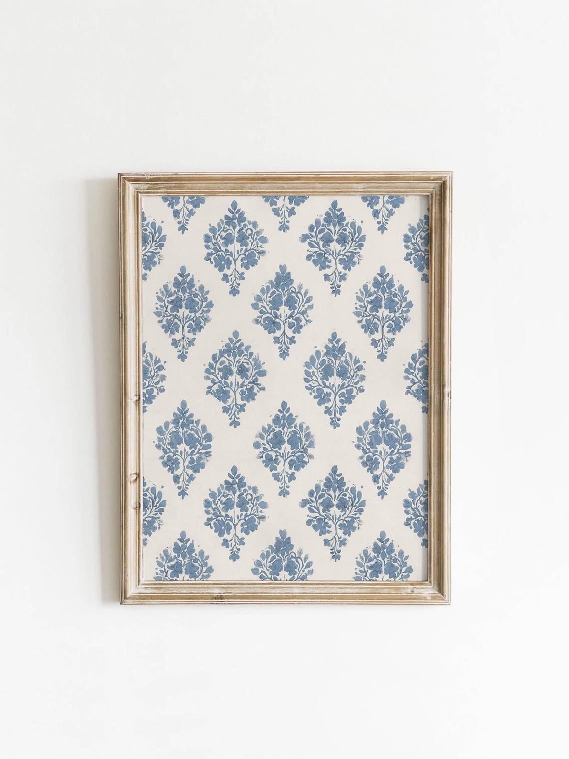 Blue Floral Block Style Pattern Cream Vintage Botanical Art Poster