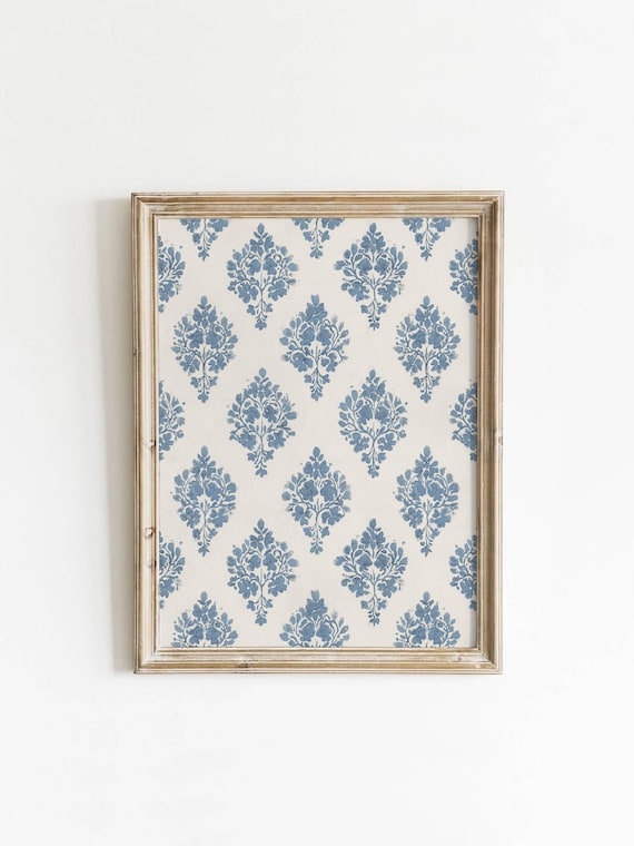 Blue Floral Block Style Pattern Cream Vintage Botanical Art Poster
