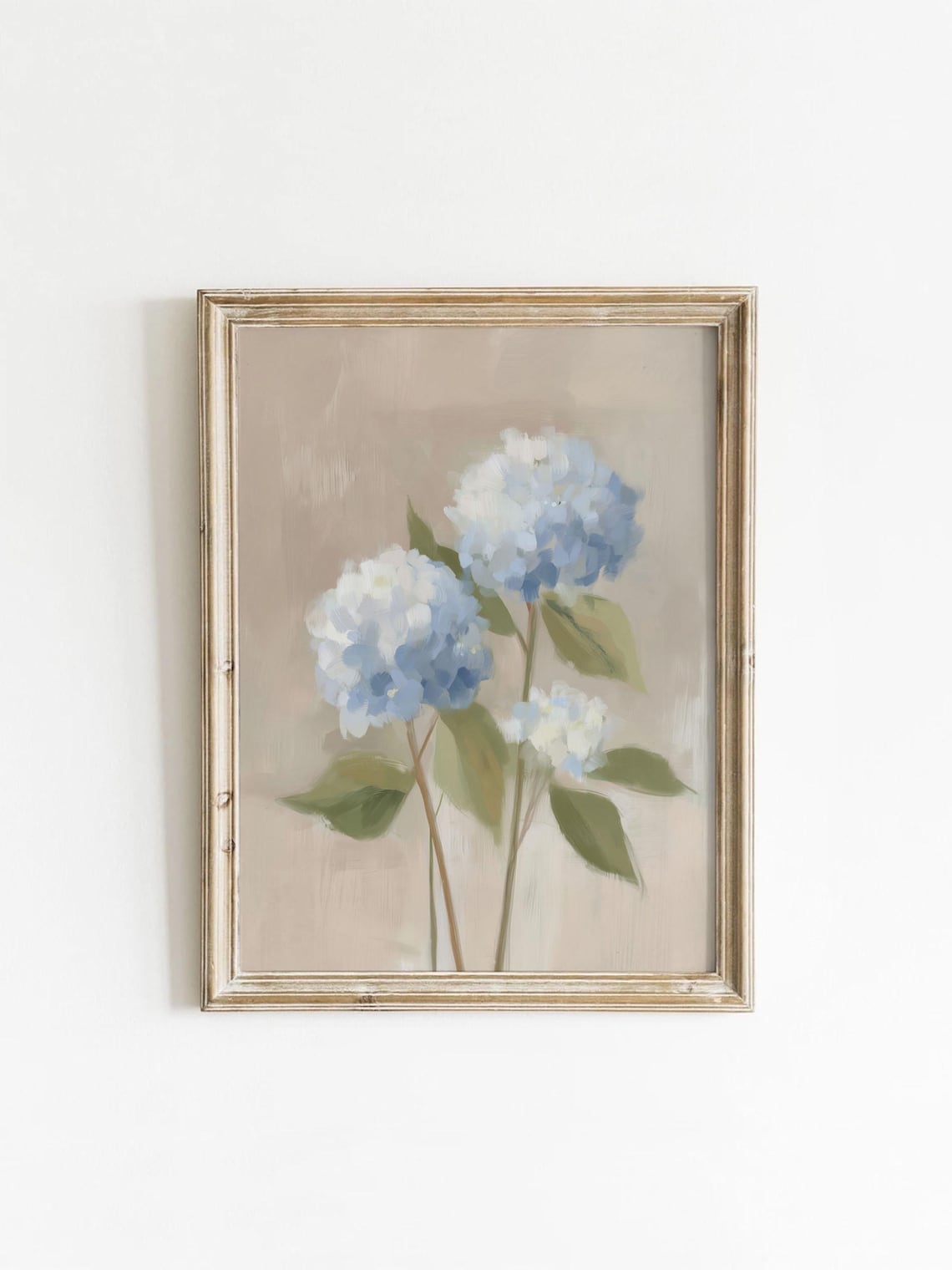 Blue Hydrangea Blooms Neutral Beige Vintage Botanical Floral Painting Print