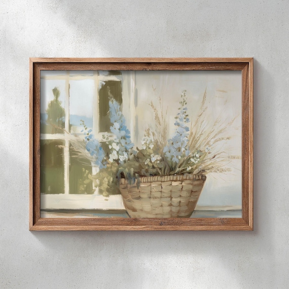 Woven Basket Blue Wildflowers Wheat Windowsill Neutral Floral Wall Art