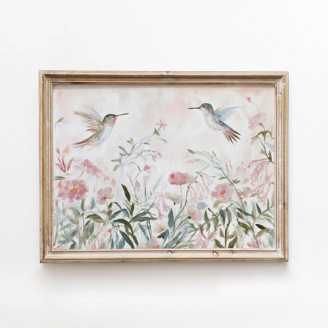 Pair Of Hummingbirds Among Blush Wildflowers Soft Botanical Wall Art