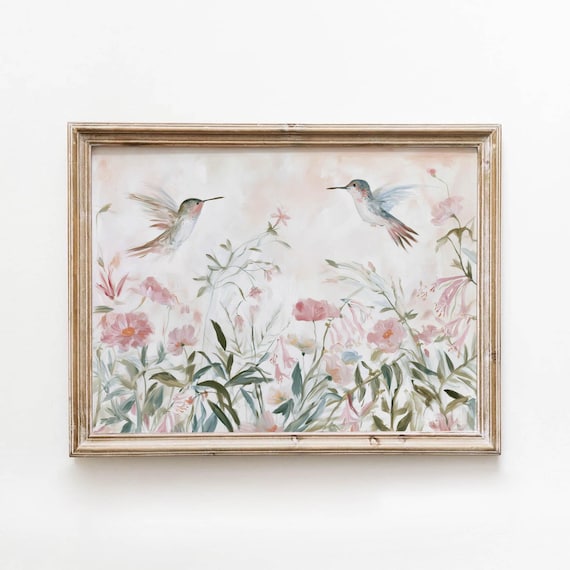 Pair Of Hummingbirds Among Blush Wildflowers Soft Botanical Wall Art