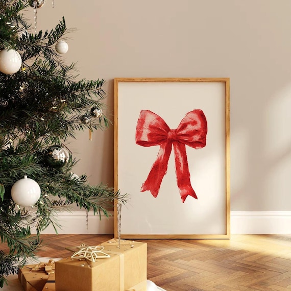 Vintage Red Christmas Bow Watercolor Winter Holiday Wall Art