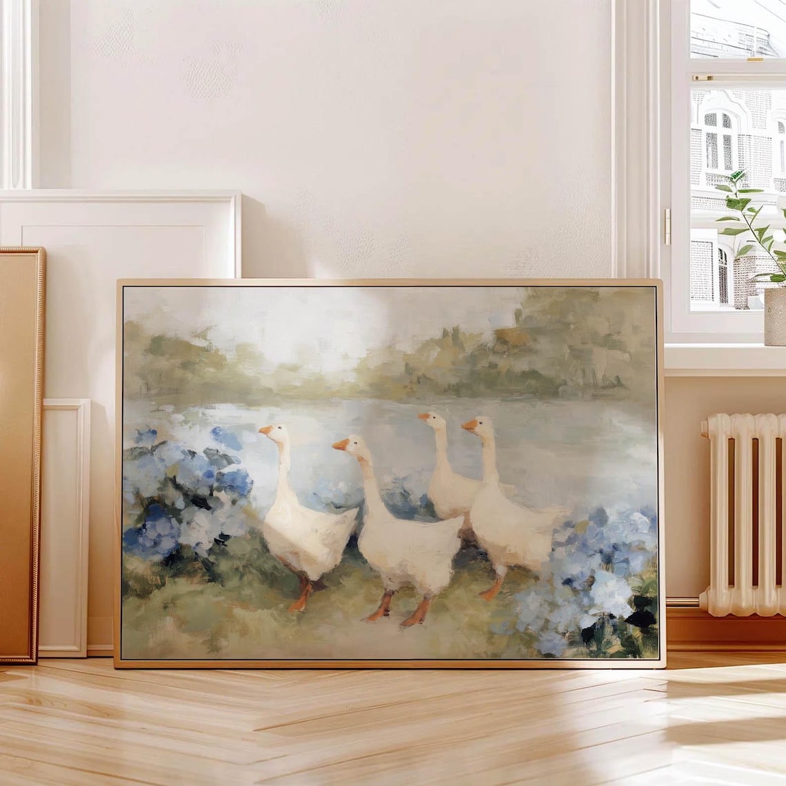 Printed Country Geese Hydrangeas Poster, Vintage Floral Farm Decor