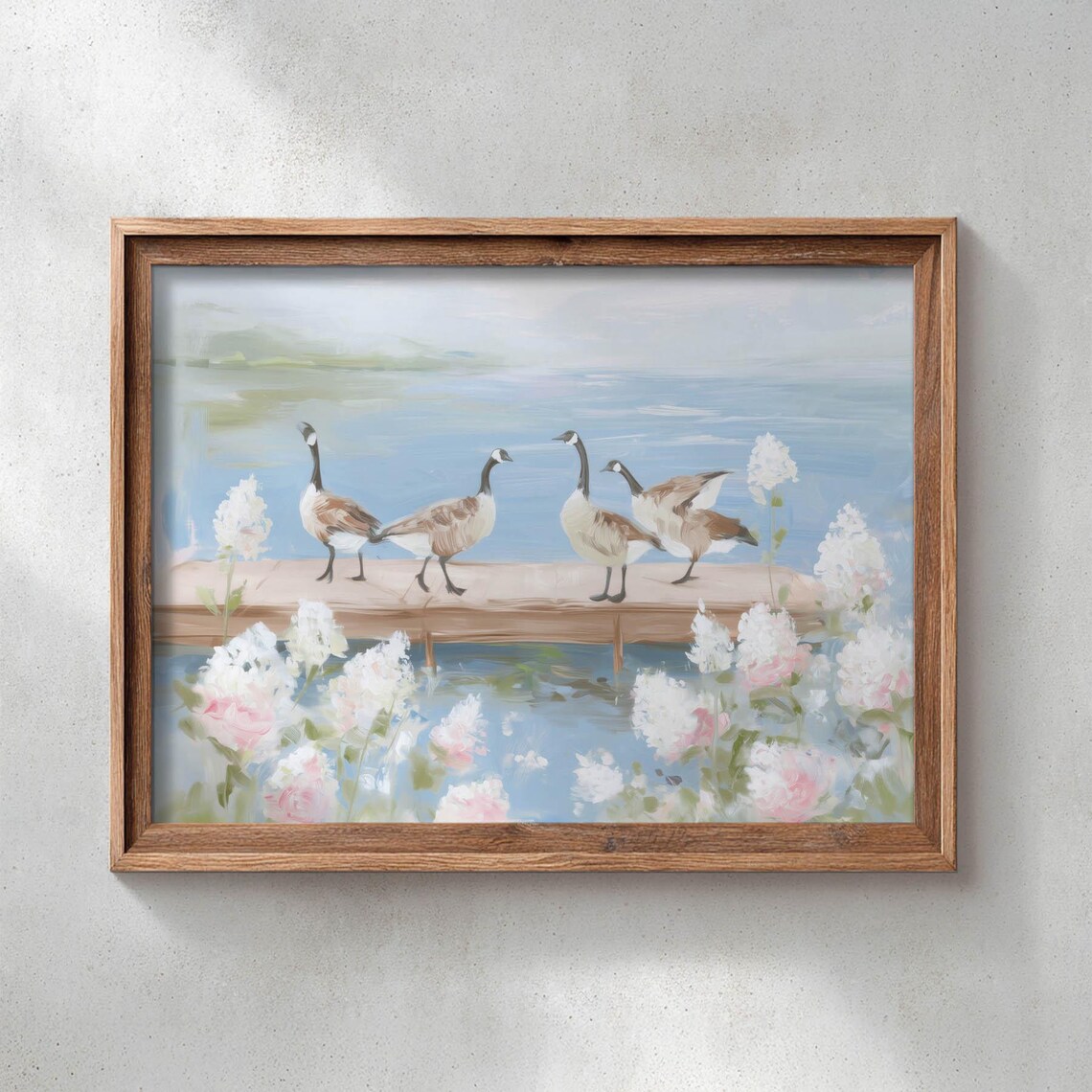 Printed Coastal Lake Geese Hydrangeas Poster Print
