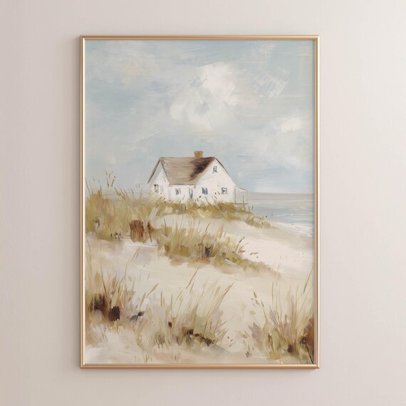 White Coastal Cottage On Sand Dunes Neutral Beach House Painting Poster