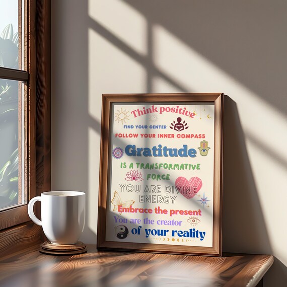Gratitude Boho Affirmation Poster Think Positive Spiritual Wall Decor