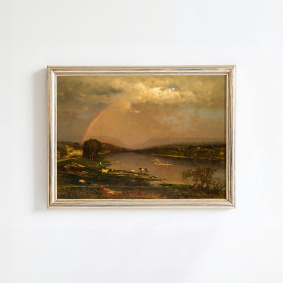 Rural River With Rainbow, Vintage Landscape Painting
