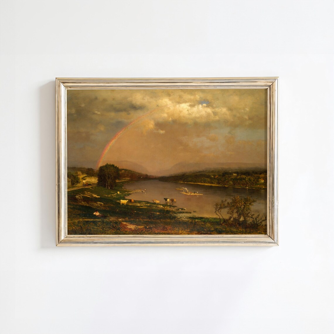 Rural River With Rainbow, Vintage Landscape Painting