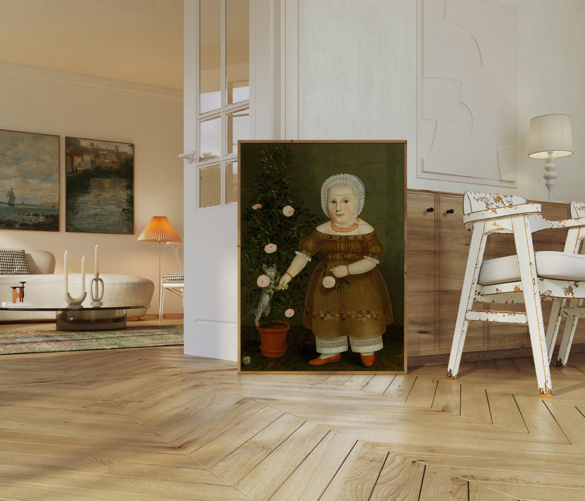 Naive Portrait Of Child Cat Art Print Wall Art Oil Painting Print Living Room Art Cat Lover Art A 59 - Image 2
