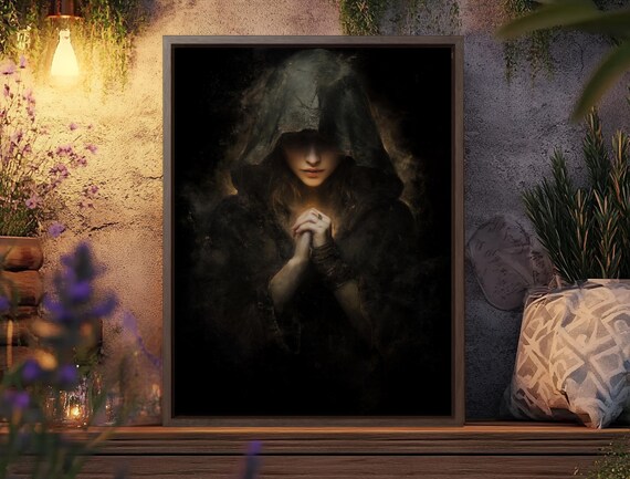 Dark Witch Wall Art Gothic Fantasy Print Medieval Sorceress Poster Decor Mysterious Woman Artwork