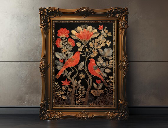 Red Birds Among Vintage Florals Black Botanical Art Bird Poster