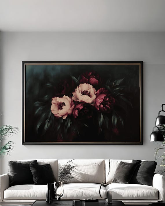 Dark Romantic Botanical Wall Art Flower Print Burgundy Blush Moody Peony Floral Vintage Elegant Decor