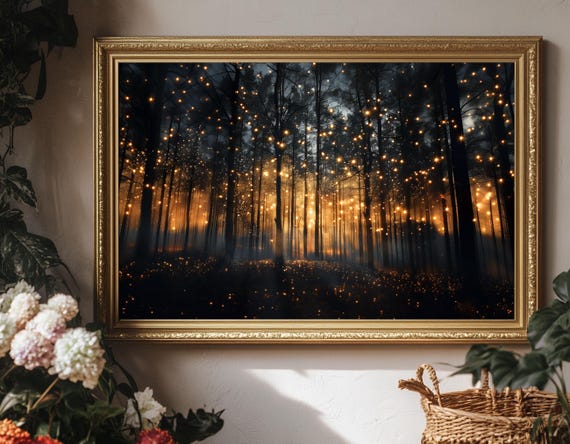 Magical Forest Botanical Horizontal Art Print Dark Academia Decor Firefly Lover Gift Night Landscape Wall For Home And Office