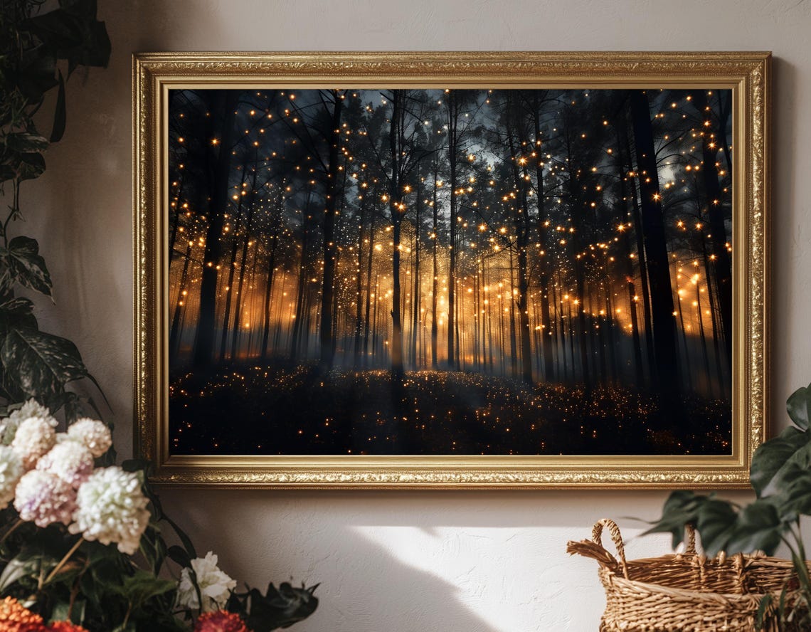 Magical Forest Botanical Horizontal Art Print Dark Academia Decor Firefly Lover Gift Night Landscape Wall For Home And Office