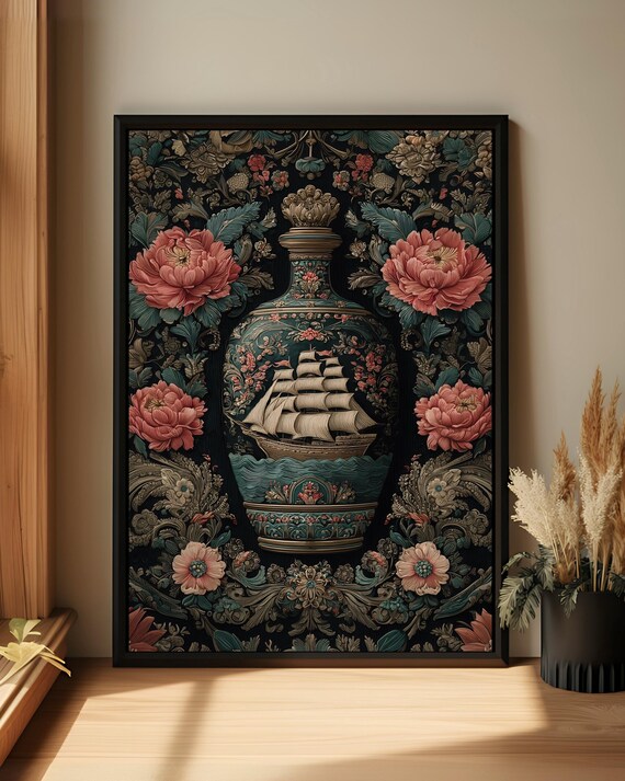 Chinoiserie Sailing Ship Porcelain Vase Pink Peony Floral Art Poster