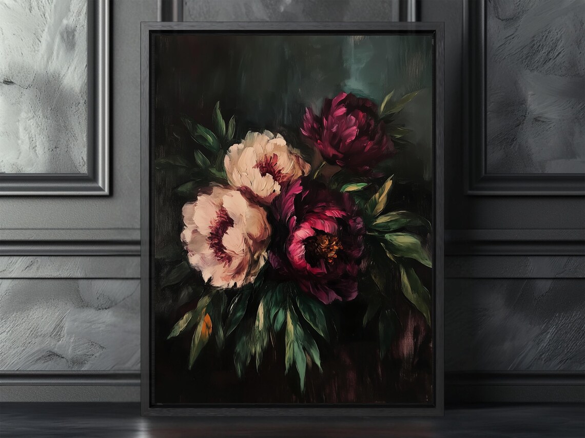 Moody Floral Painting Dark Botanical Peony Art Print