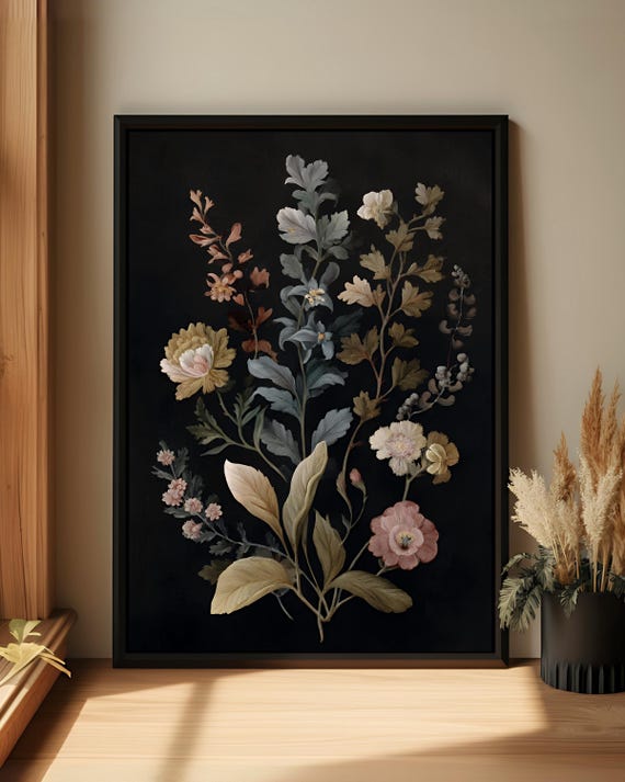 Antique Floral Botanical Wall Art Elegant Dark Vintage Style Canvas Print