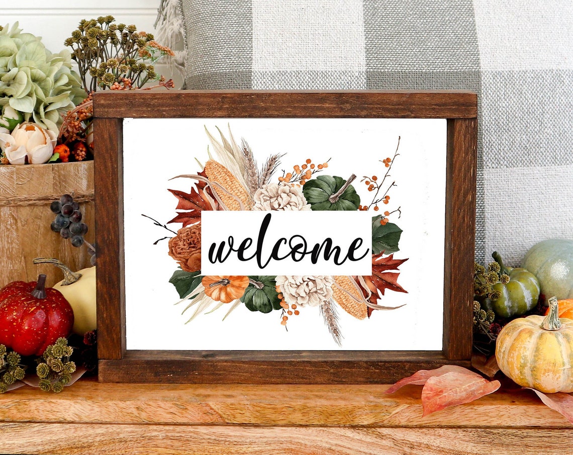 Welcome Harvest Corn Leaf Autumn Wood Sign Watercolor Poster