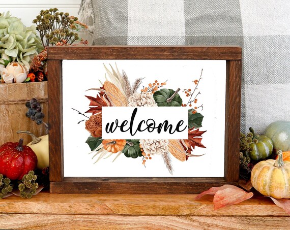 Welcome Harvest Corn Leaf Autumn Wood Sign Watercolor Poster