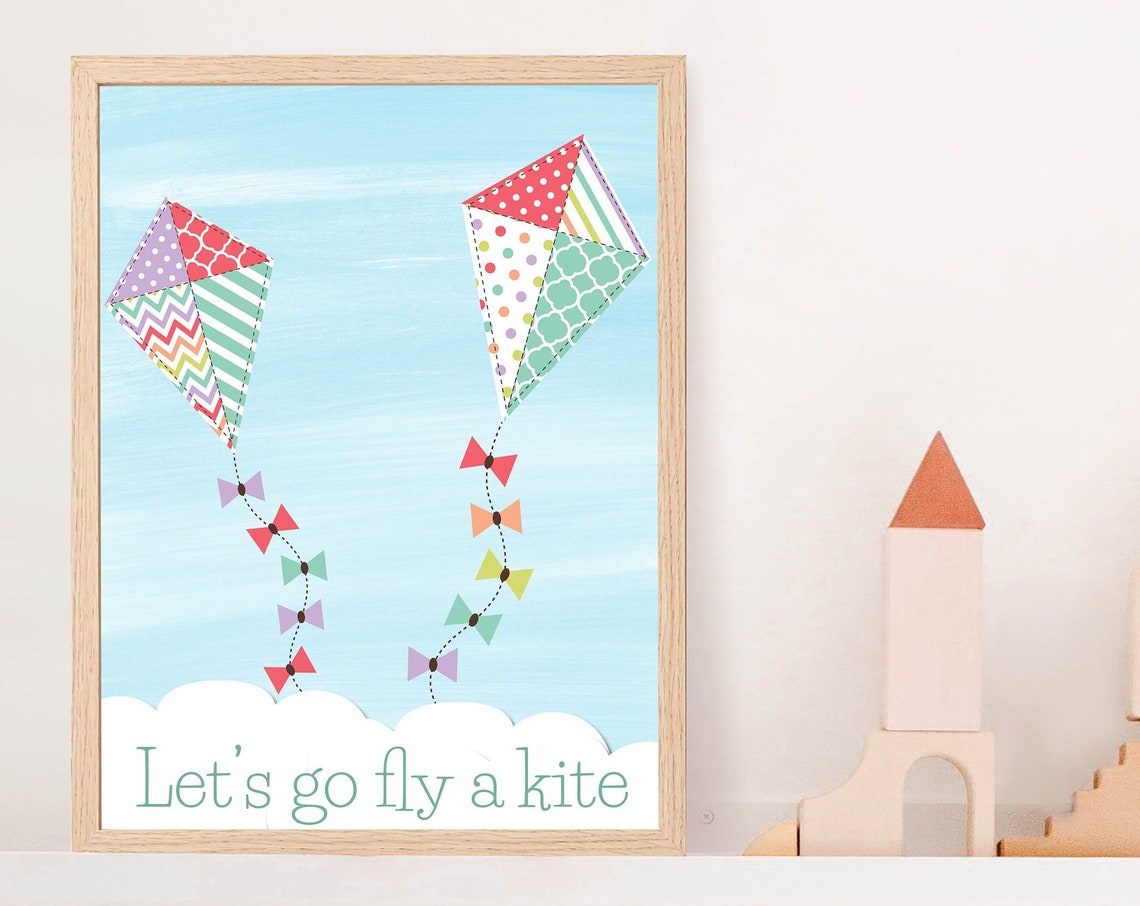 Colorful Patchwork Kites Lets Go Fly a Kite Nursery Kids Art Print - Image 3
