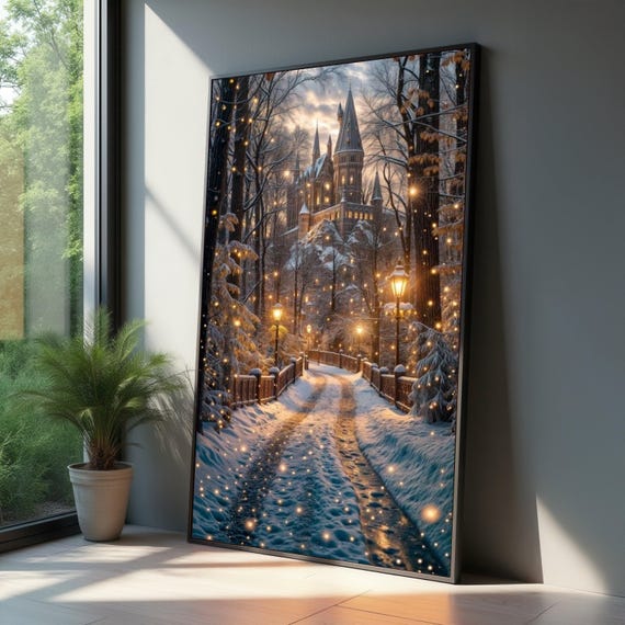Magical Winter Castle Pathway Snowy Forest Canvas Fairy Lights Wall Art Cozy Landscape Warm Glow Lanterns Holiday Season Decor