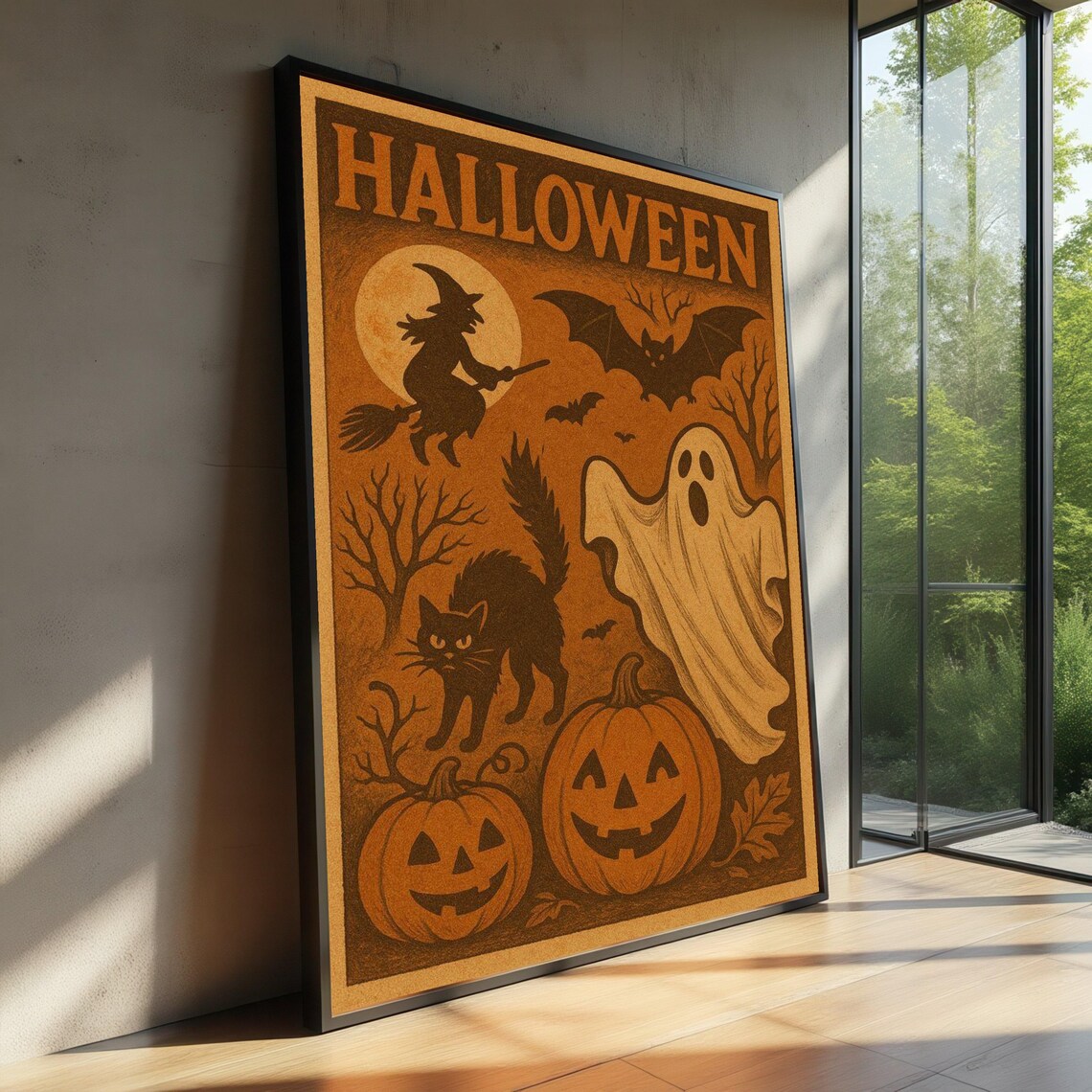 Vintage Halloween Canvas Wall Art Witch And Decoration Jackolantern Pumpkin Spooky Black Cat Bat Fall