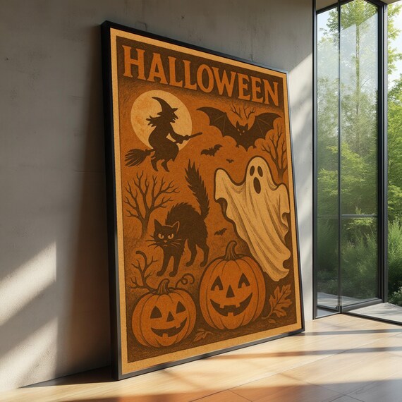 Vintage Halloween Canvas Wall Art Witch And Decoration Jackolantern Pumpkin Spooky Black Cat Bat Fall