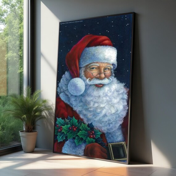 Jolly Santa Claus Portrait With Holly On Starry Night Wall Poster