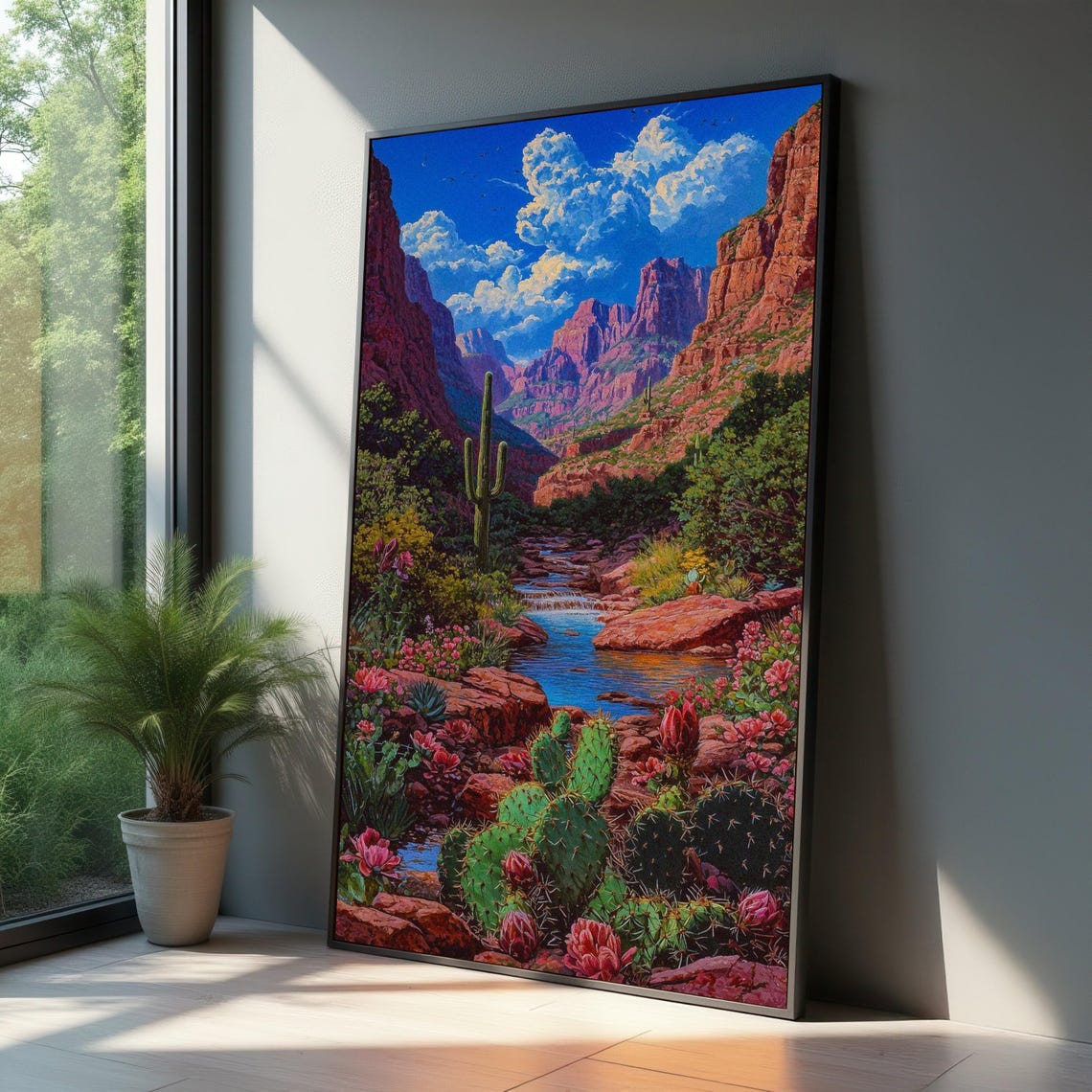 Desert Canyon Red Rock River Cactus Southwestern Landscape Poster
