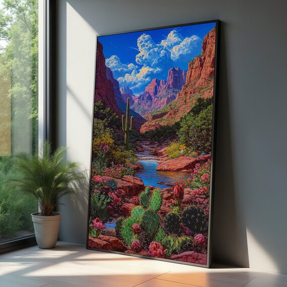 Desert Canyon Red Rock River Cactus Southwestern Landscape Poster