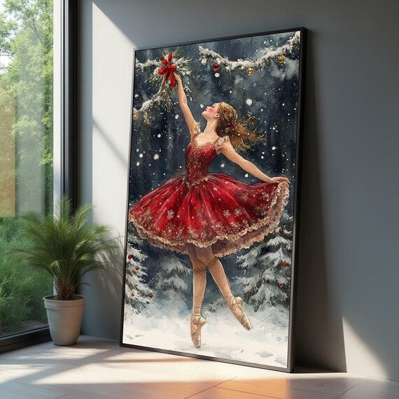 Ballerina In Red Tutu Christmas Dance Snowy Holiday Ballet Art Poster