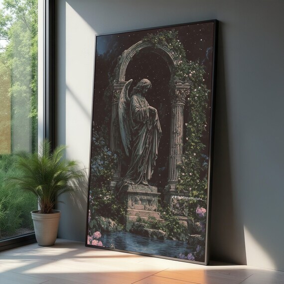 Serene Angel Statue Night Garden Stone Arch Dark Fantasy Art Poster