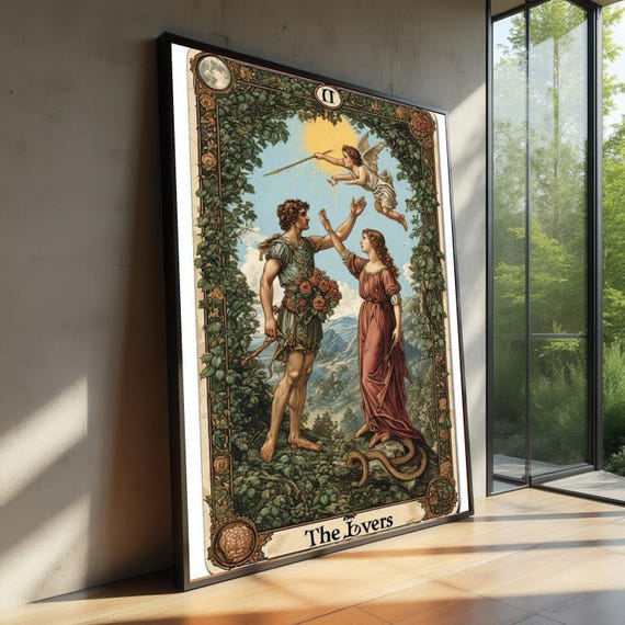 The Lovers Tarot Card Canvas Vintage Mythological Wall Art Romantic Couple Illustration Angelic Figure Decor Classic Print