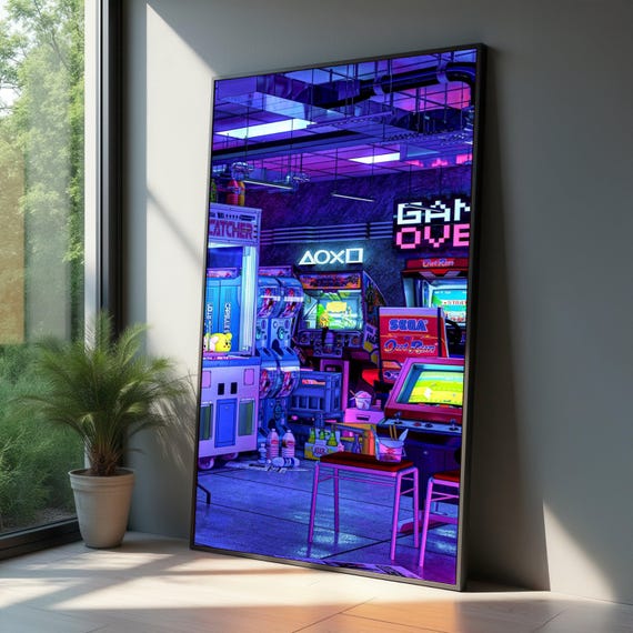 Retro Arcade Room Canvas Wall Art Neon Gaming Scene Vintage Video Game Machines Nostalgic Over Sign Urban Pop Culture Decor
