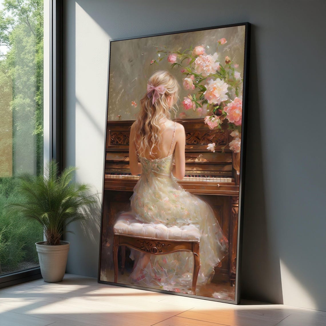 Blonde Woman Playing Piano Amid Pink Peonies Painting Poster