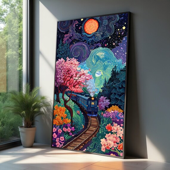 Vibrant Floral Train Journey Starry Night Sky Canvas Whimsical Landscape Art Colorful Garden Pathway Fantasy Nature Wall Decor
