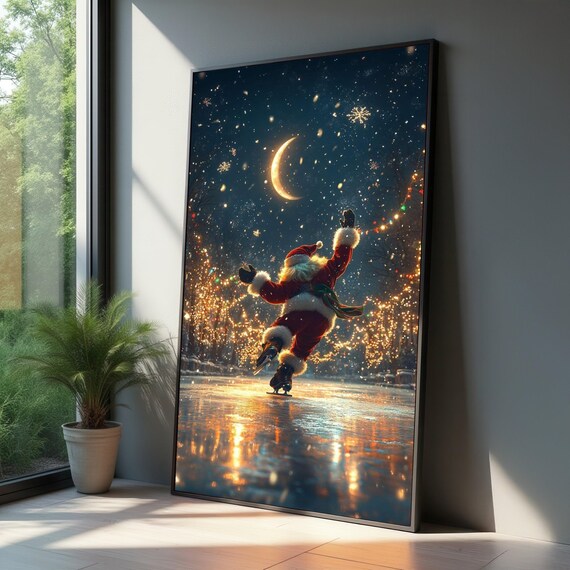 Magical Santa Ice Skating Crescent Moon Snowy Night Christmas Poster