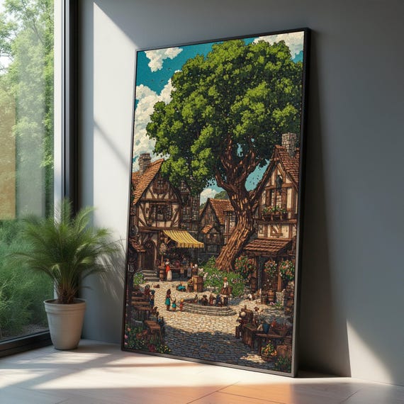 Charming Old Village Scene Canvas Medieval Market Square Wall Art Rustic European Town Large Tree And Stone Fountain Decoration