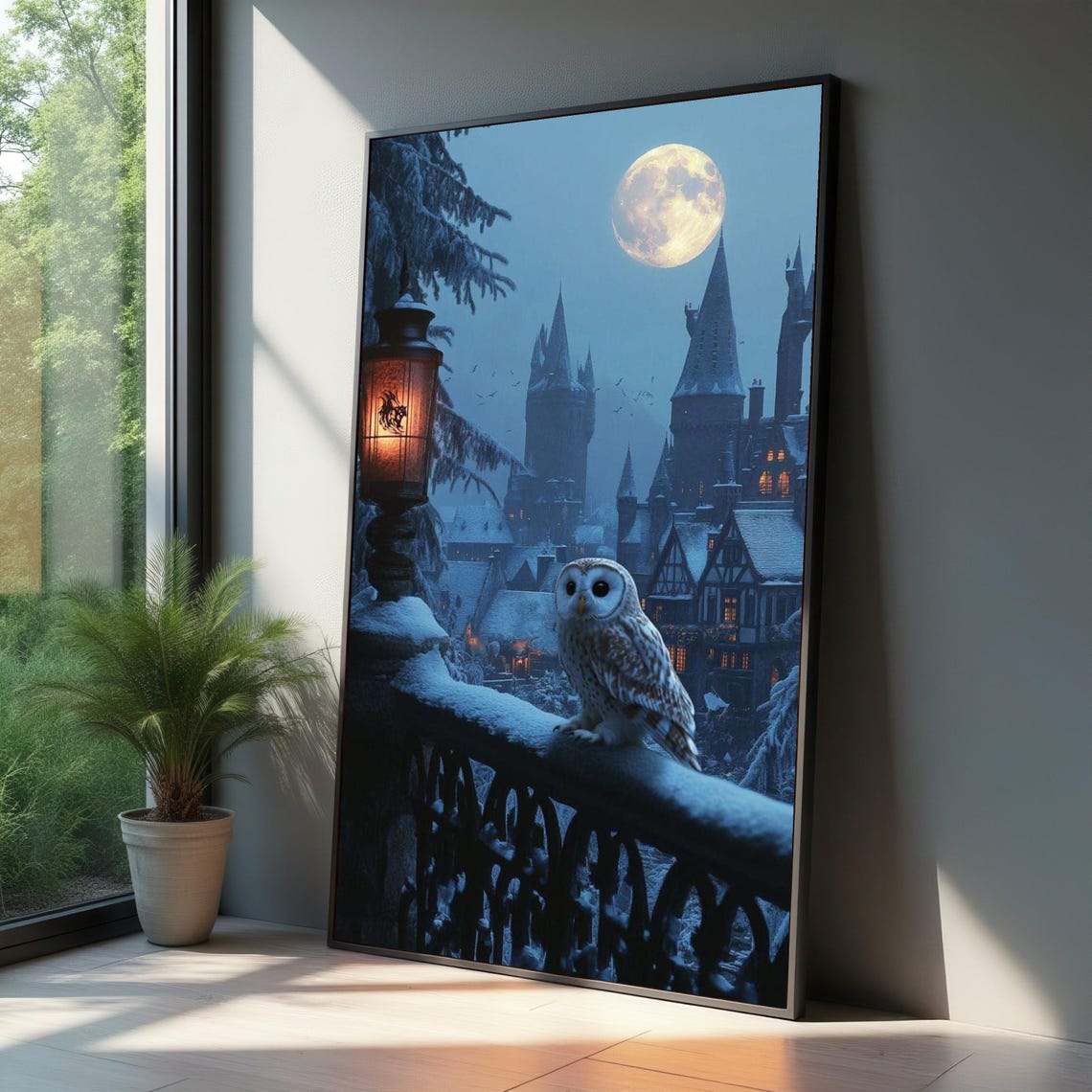 Moonlit Snowy Owl Perched Before Enchanted Castle Night Poster