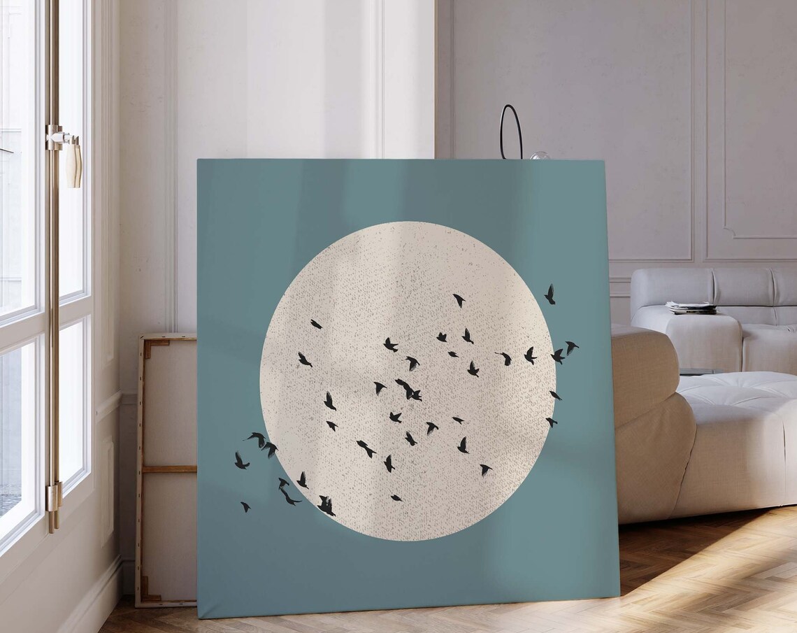 Flock Of Black Birds Over Cream Moon Minimalist Teal Square Art Poster