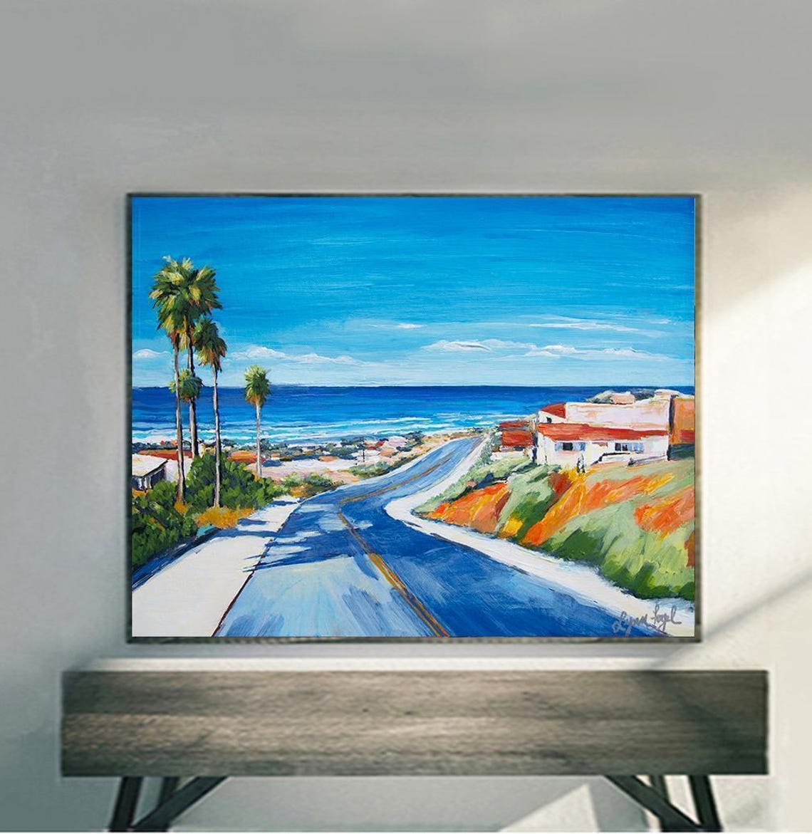 Pacific Coast Highway Palm Trees Beach Town Ocean View Poster